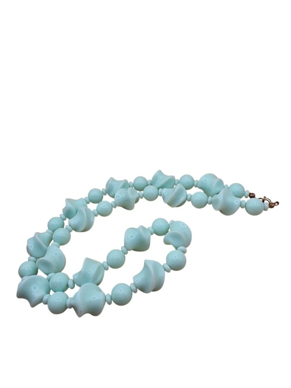 Vintage Aqua Blue Beaded Necklace With Unique Swirl Beads & Gold Spring Clasp